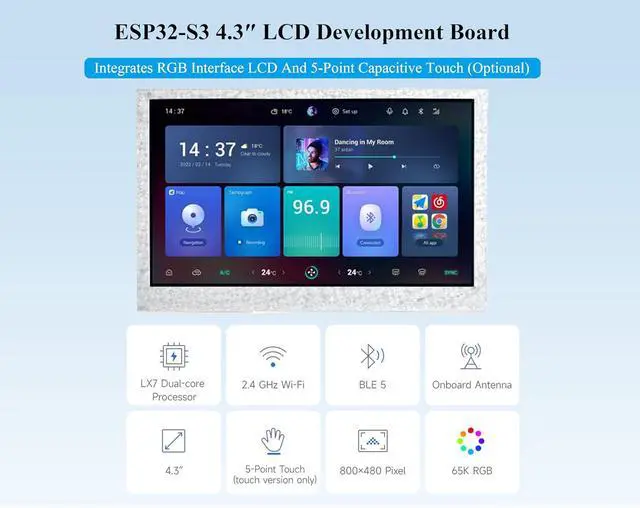 Alt view image 3 of 7 - ESP32-S3 4.3inch Display Development Board, 800x480 Pixel IPS LCD Screen, 32-bit LX7 Dual-Core Processor, Up to 240MHz Frequency, Onboard CAN RS485 I2C Interfaces, Support W F& BLE 5 (No Touch)