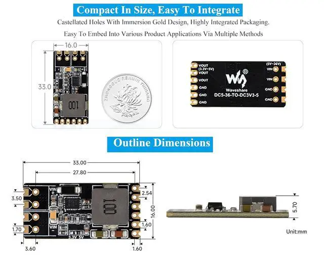 Alt view image 6 of 7 - DC-DC Buck Mini Module 5~36V Input Configurable 5V or 3.3V Output, up to 4A Output, 3.3V or 5V Step-Down Regulated Output, Selectable by Soldering Switching Resistor, with Header and Terminal