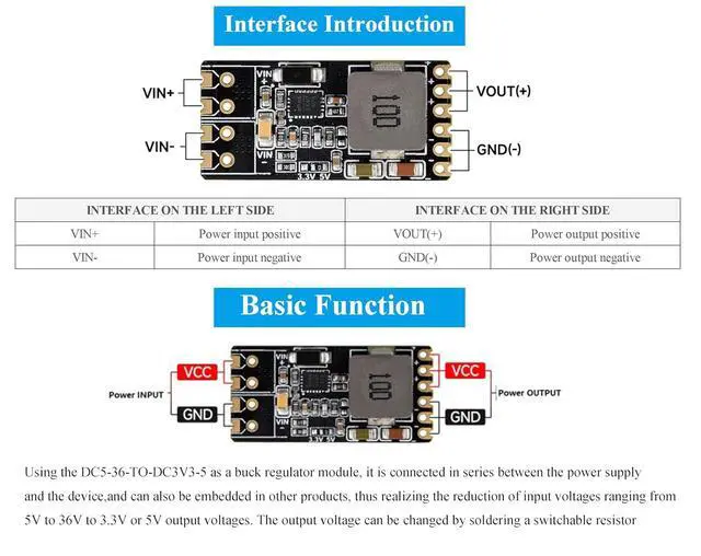 Alt view image 5 of 7 - DC-DC Buck Mini Module 5~36V Input Configurable 5V or 3.3V Output, up to 4A Output, 3.3V or 5V Step-Down Regulated Output, Selectable by Soldering Switching Resistor, with Header and Terminal