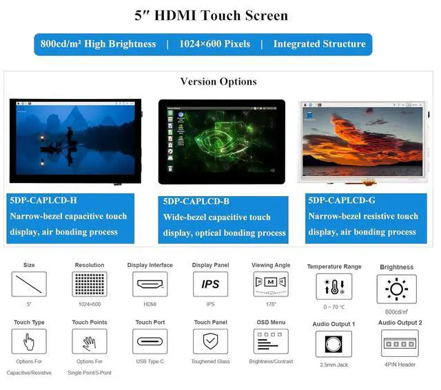 Alt view image 3 of 7 - 5inch IPS Touch Screen 1024x600 Compatible with Raspberry Pi 5/4B/3B+/3B/Zero W WH/Zero 2 W/Pico/Pico W/Jetson Nano/PC, Support Win 11/10/ 8.1/8 /7, 800cd/m² (Narrow-Bezel Capacitive Touch)