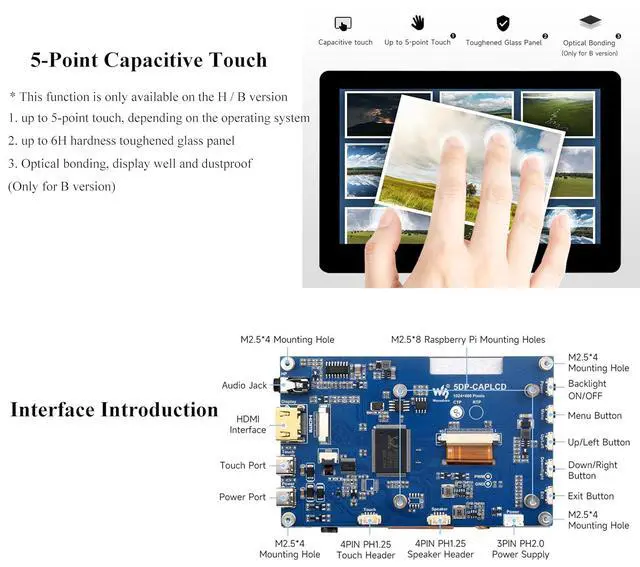 Alt view image 6 of 7 - 5inch IPS Touch Screen 1024x600 Compatible with Raspberry Pi 5/4B/3B+/3B/Zero W WH/Zero 2 W/Pico/Pico W/Jetson Nano/PC, Support Win 11/10/ 8.1/8 /7, 800cd/m² (Narrow-Bezel Capacitive Touch)