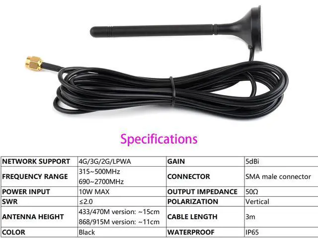 Alt view image 2 of 7 - LPWA Outdoor Waterproof Antenna, 5dBi High GAIN with Magnetic Base, SMA Male Connector LoRa Antenna, Support 4G/3G/2G/LPWA, 690~2700 Frequency