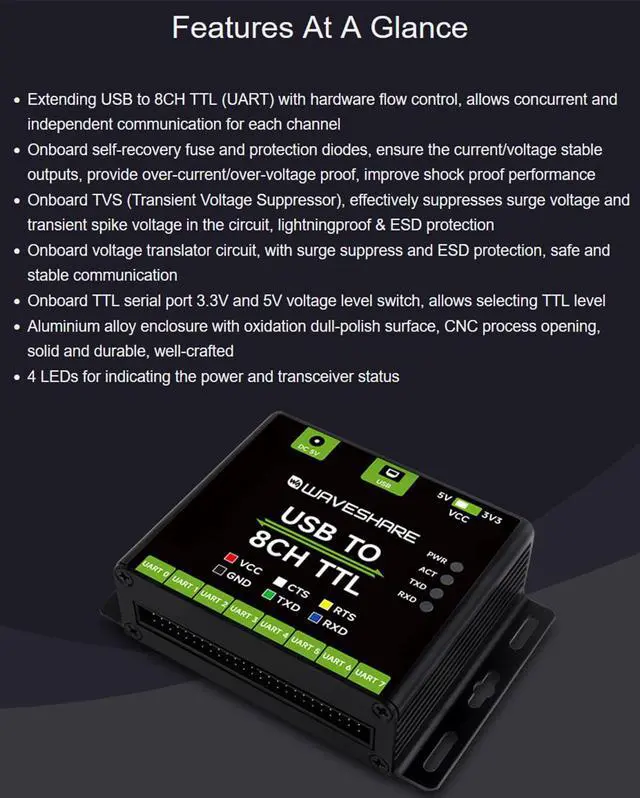 Alt view image 2 of 7 - Industrial USB to 8CH TTL Converter USB to TTL (UART) Adapter Board, 1200bps ~ 2M Baudrate Onboard TVS, Self-Recovery Fuse and Protection Diodes, Compatible with Win7/8/8.1/10/11,Linux, Android