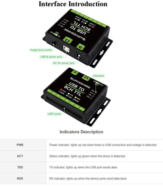 Alt view image 6 of 7 - Industrial USB to 8CH TTL Converter USB to TTL (UART) Adapter Board, 1200bps ~ 2M Baudrate Onboard TVS, Self-Recovery Fuse and Protection Diodes, Compatible with Win7/8/8.1/10/11,Linux, Android