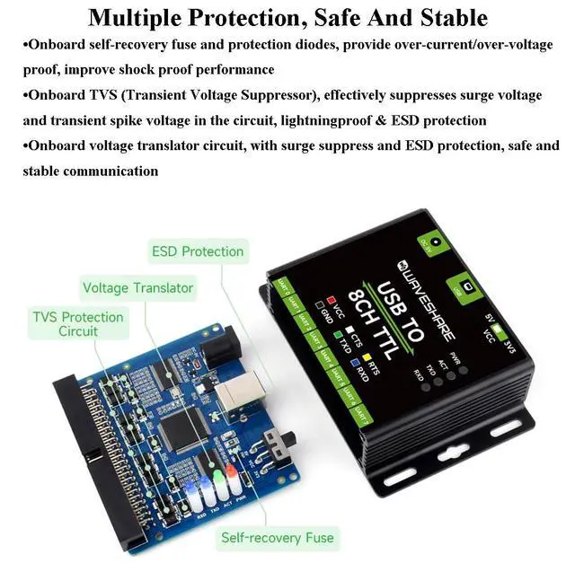 Alt view image 3 of 7 - Industrial USB to 8CH TTL Converter USB to TTL (UART) Adapter Board, 1200bps ~ 2M Baudrate Onboard TVS, Self-Recovery Fuse and Protection Diodes, Compatible with Win7/8/8.1/10/11,Linux, Android