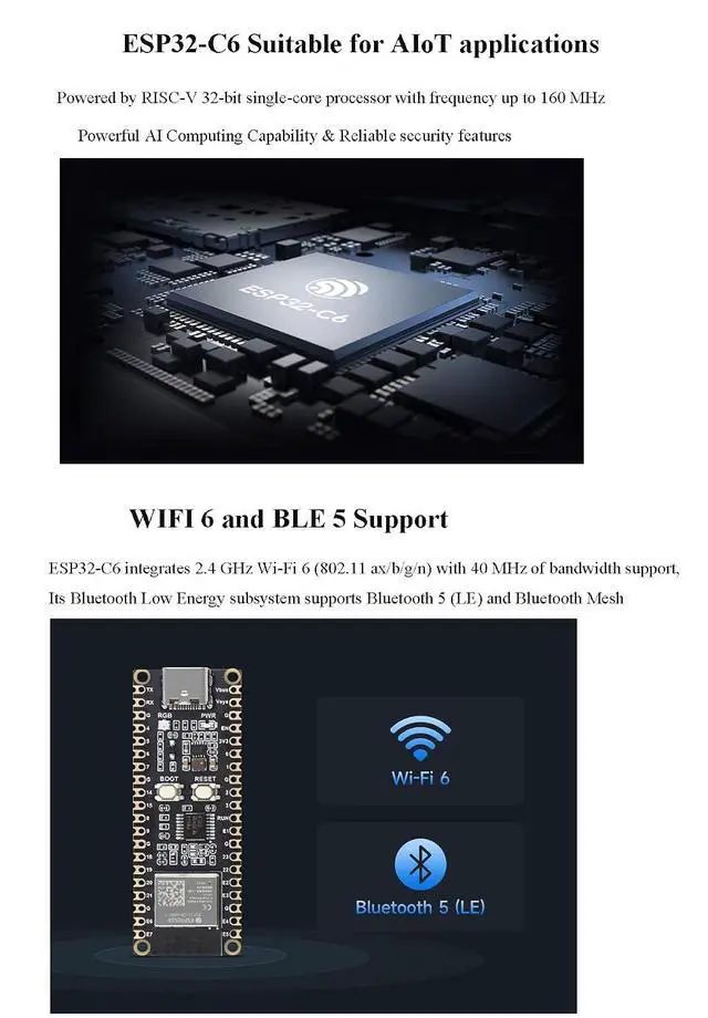 Alt view image 5 of 7 - ESP32-C6 Microcontroller W-i-F-i 6 Development Board ESP32-C6-MINI-1 Chip RISC-V 32-bit Single-core Processor 160MHz Support W-I-F-I 6 and BLE 5 Support Raspberry Pi Pico Expansion Board for AIoT