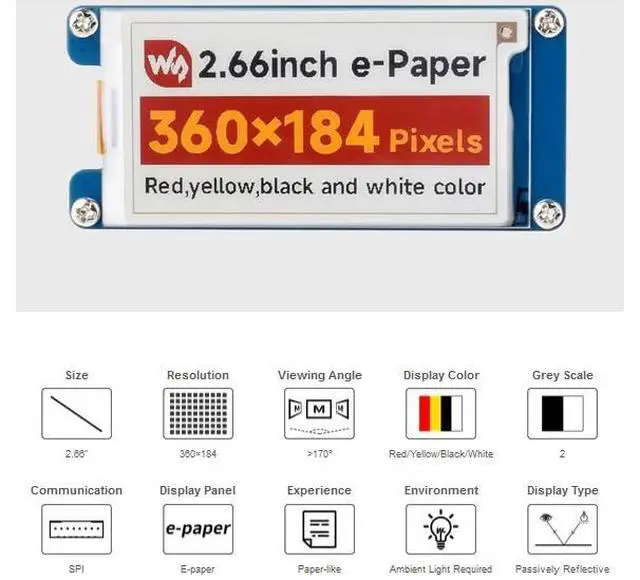 Alt view image 2 of 7 - waveshare 2.66inch e-Paper Module 360x184 Pixels, Red/Yellow/Black/White Four Display Colors, SPI Interface Compatible with Raspberry Pi/Jetson Nano/Ardui/STM32, etc.