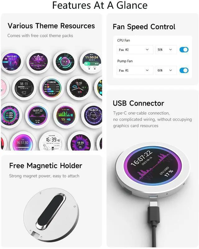 Alt view image 4 of 7 - 2.1" USB Monitor Water Cooler Case - Desktop RGB Ambient Screen, 480480 Resolution IPS Panel, Music Spectrum Analysis, Dynamic Theme Editor, Silver
