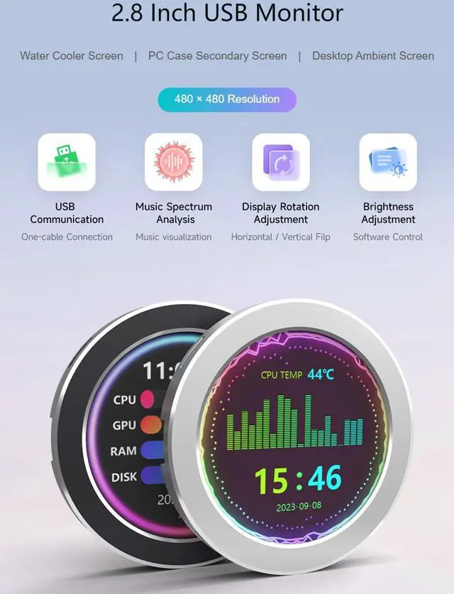 Alt view image 2 of 7 - 2.1" USB Monitor Water Cooler Case - Desktop RGB Ambient Screen, 480480 Resolution IPS Panel, Music Spectrum Analysis, Dynamic Theme Editor, Silver