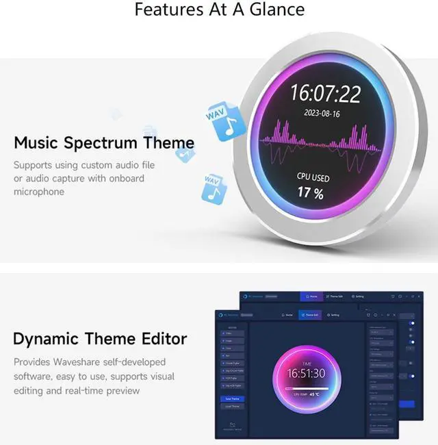 Alt view image 3 of 7 - 2.1" USB Monitor Water Cooler Case - Desktop RGB Ambient Screen, 480480 Resolution IPS Panel, Music Spectrum Analysis, Dynamic Theme Editor, Silver