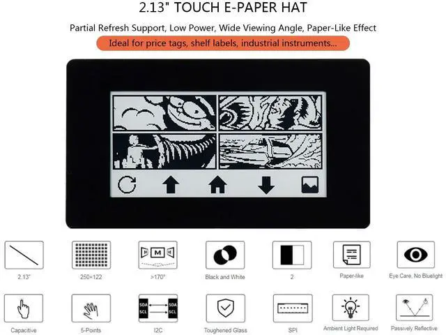 Alt view image 2 of 6 - 2.13inch Touch e-Paper HAT for Raspberry Pi 4B/3B+/3B/2B/Zero/Zero W/Zero WH, 250x122 Pixels, Black White Two-Color, 5-Point Touch Capacitive E-Ink Screen LCD, SPI Interface Support Partial Refresh