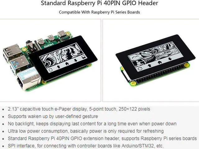 Alt view image 4 of 6 - 2.13inch Touch e-Paper HAT for Raspberry Pi 4B/3B+/3B/2B/Zero/Zero W/Zero WH, 250x122 Pixels, Black White Two-Color, 5-Point Touch Capacitive E-Ink Screen LCD, SPI Interface Support Partial Refresh