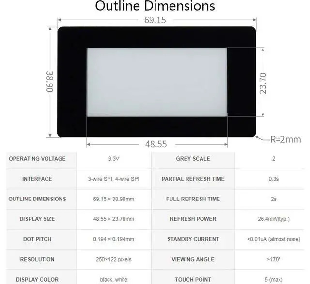 Alt view image 6 of 6 - 2.13inch Touch e-Paper HAT for Raspberry Pi 4B/3B+/3B/2B/Zero/Zero W/Zero WH, 250x122 Pixels, Black White Two-Color, 5-Point Touch Capacitive E-Ink Screen LCD, SPI Interface Support Partial Refresh
