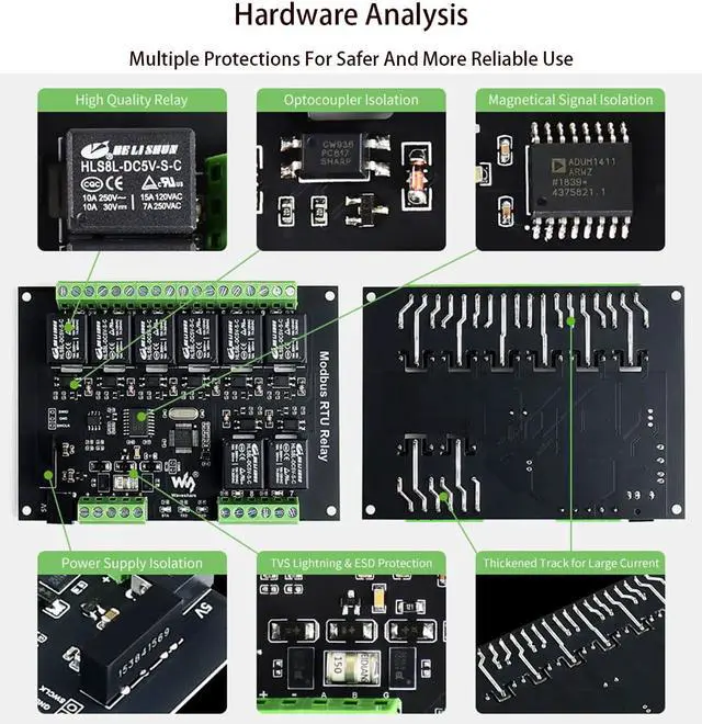 Alt view image 4 of 7 - Waveshare Industrial Modbus RTU 8-Ch Relay Module with RS485 Bus, Multi Isolation Protection, 5V Voltage