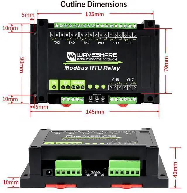Alt view image 7 of 7 - Waveshare Industrial Modbus RTU 8-Ch Relay Module with RS485 Bus, Multi Isolation Protection, 5V Voltage