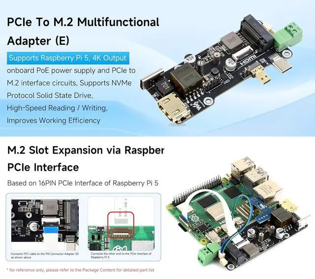 Alt view image 3 of 5 - PCIe to M.2 Multifunctional Adapter (E), Supports RPi 5, 4K Output