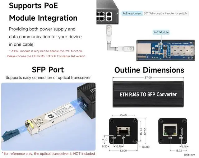 Alt view image 5 of 5 - Gigabit Auto-Negotiation SFP Fiber-to-ETH Converter, No PoE Module