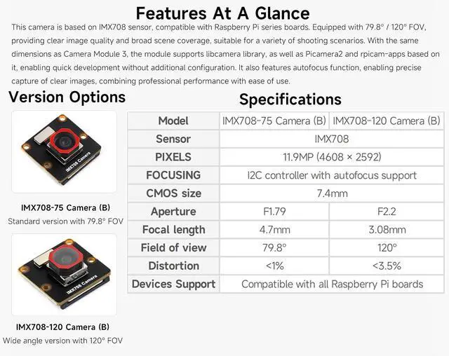 Alt view image 4 of 7 - IMX708 12MP Pixels Autofocus Camera,79.8°FOV, Compatible with Raspberry Pi
