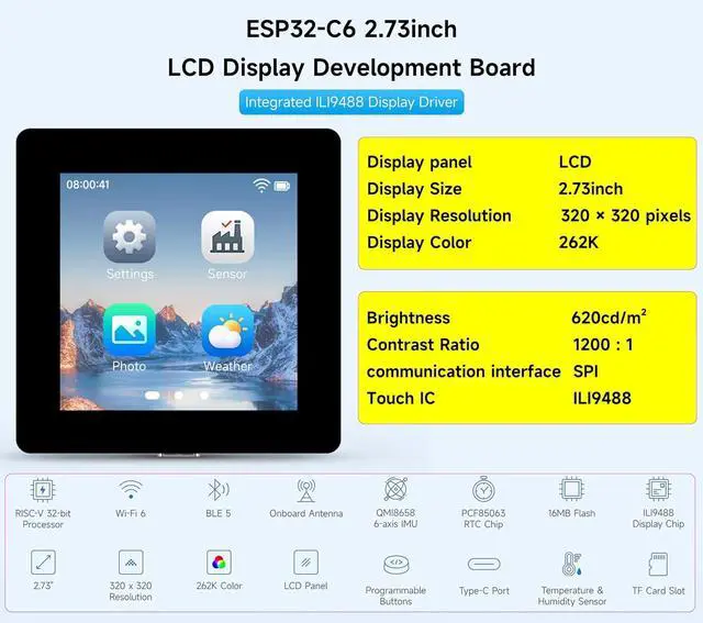 Alt view image 3 of 7 - ESP32-C6 2.73inch LCD Display Dev Board, RISC-V 32-bit, 320×320, No Batt
