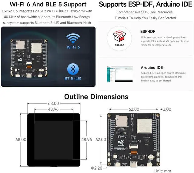 Alt view image 6 of 7 - ESP32-C6 2.73inch LCD Display Dev Board, RISC-V 32-bit, 320×320, No Batt