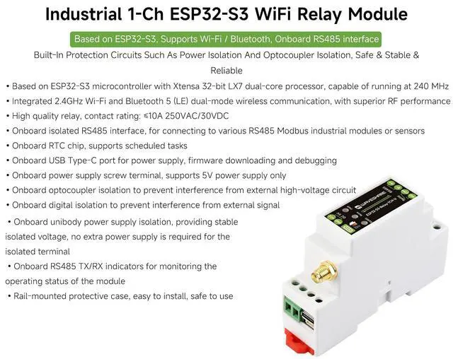 Alt view image 3 of 7 - Industrial 1-Channel ESP32-S3 Wi-Fi Relay Module, Uses the External Antenna