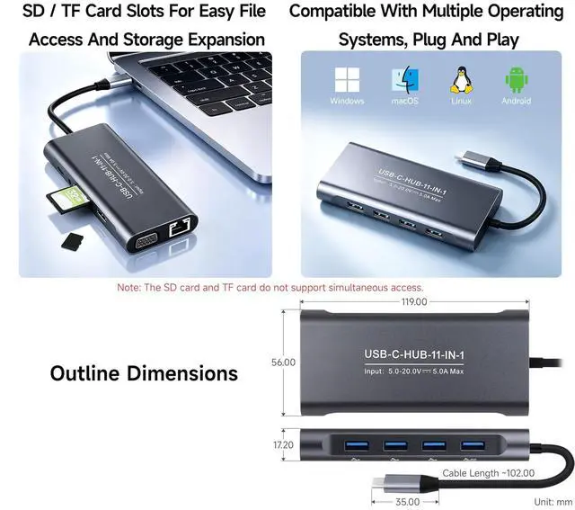 Alt view image 7 of 7 - USB-C 11-in-1 Hub, RJ45 100Mbps, 100W PD Input, 4K HDMI Port