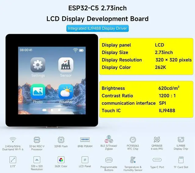 Alt view image 3 of 7 - ESP32-C5 2.73inch LCD Display Dev Board, 320×320, 32-bit RISC-V Processor