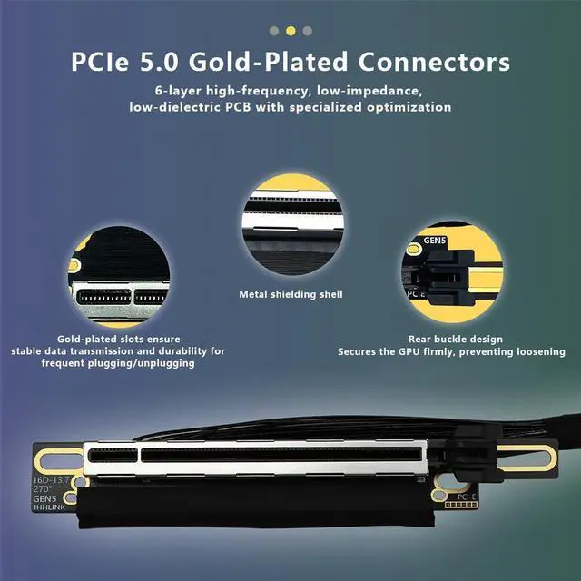Alt view image 6 of 7 - PCIE 5.0 X16 Extension Cable 64GBS High-Speed 270 Degree Silver-Plated GEN5 Adapter Lossless for Graphics Card GPU 16AD5Z (30CM,Right Out Left in)