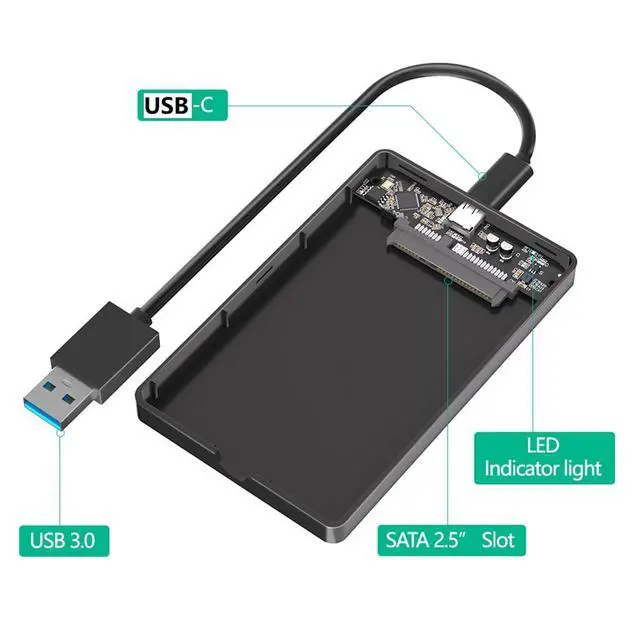 Alt view image 2 of 7 - Portable 2.5 Inch SATA Hard Drive Disk Enclosure Plastic with USB-C / Micro-B Port for 2.5" SATA SSD (Black,with USB-C to USB3.0 Cable)