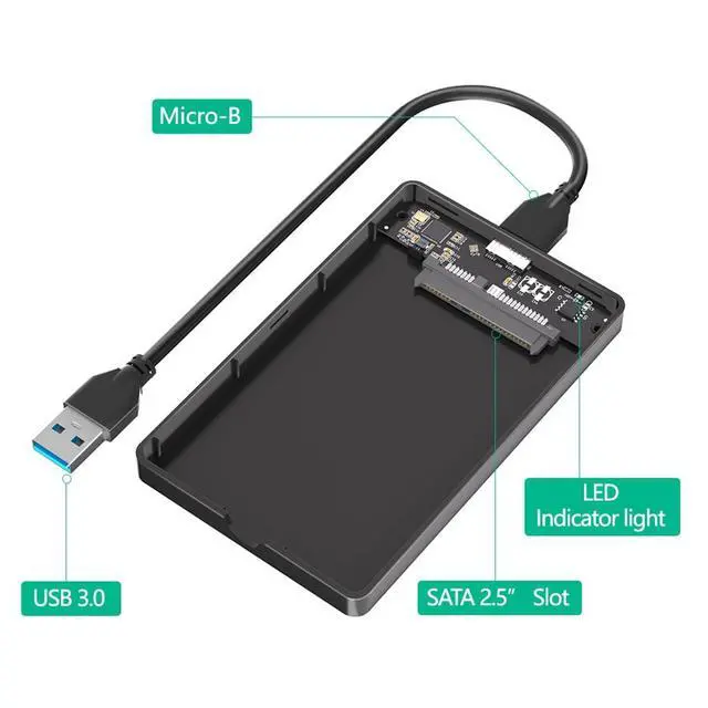 Alt view image 2 of 4 - Portable 2.5 Inch SATA Hard Drive Disk Enclosure Plastic with USB-C / Micro-B Port for 2.5" SATA SSD (Black,with Micro-B to USB3.0 Cable)