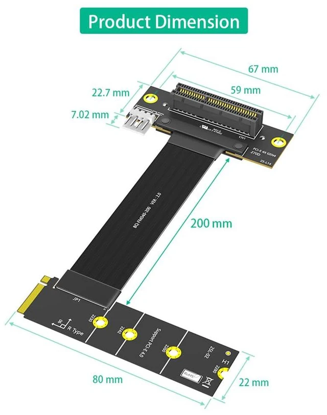 Alt view image 5 of 7 - PCI-E 4.0 4X to M.2 Key M Extension Cable 20cm Compatible with M2 MKey NVMe 4.0 2280 SSD (Key M Right-Angle,PCIe 4X 270°)