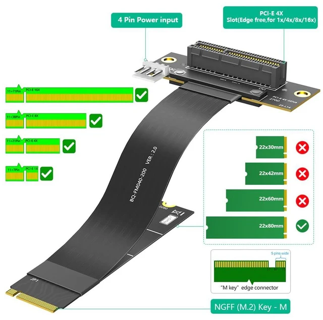 Alt view image 2 of 7 - PCI-E 4.0 4X to M.2 Key M Extension Cable 20cm Compatible with M2 MKey NVMe 4.0 2280 SSD (Key M 180°,PCIe 4X 270°)