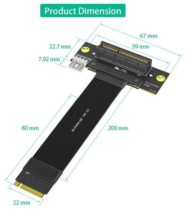 Alt view image 3 of 7 - PCI-E 4.0 4X to M.2 Key M Extension Cable 20cm Compatible with M2 MKey NVMe 4.0 2280 SSD (Key M 180°,PCIe 4X 270°)