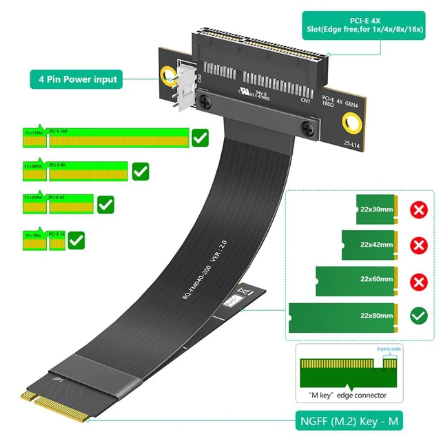 Alt view image 2 of 7 - PCI-E 4.0 4X to M.2 Key M Extension Cable 20cm Compatible with M2 MKey NVMe 4.0 2280 SSD (PCIe 4X 180°,Key M 180°)