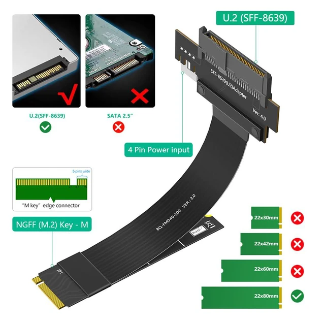Alt view image 2 of 6 - M.2 Key M PCIe4.0 to U.2 SFF-8639 Extension Cable Compatible with M2 MKey NGFF 2280 SSD (20CM)