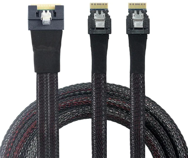 Main image of Slimline SAS SFF-8654 8I to Dual SFF-8654 4I Server Cable Full-Coverage Anti-Misinsertion (100cm)