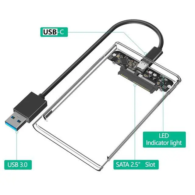 Alt view image 2 of 6 - Portable 2.5 Inch SATA Hard Drive Disk Enclosure Plastic with USB-C / Micro-B Port for 2.5" SATA SSD (Transparent,with USB-C to USB3.0 Cable)