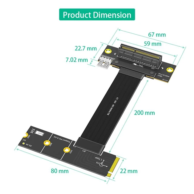 Alt view image 3 of 7 - PCI-E 4.0 4X to M.2 Key M Extension Cable 20cm Compatible with M2 MKey NVMe 4.0 2280 SSD (Key M Left-Angle,PCIe 4X 270°)