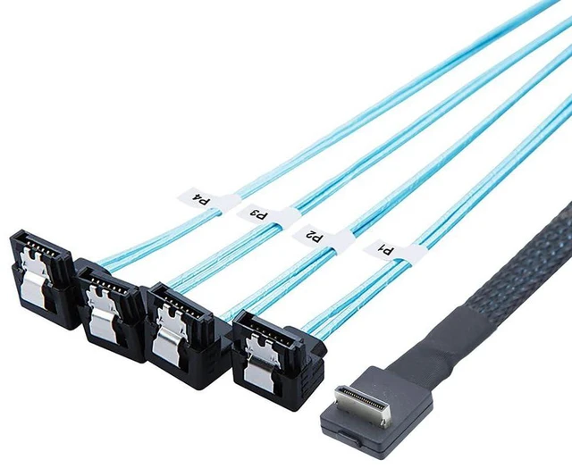 Alt view image 3 of 7 - PCIE Oculink-Compatible SFF 8611 4I 90° to 4* SATA 7P 90° Server Super Speed Cable Data Transfer Extension Cable (50CM)
