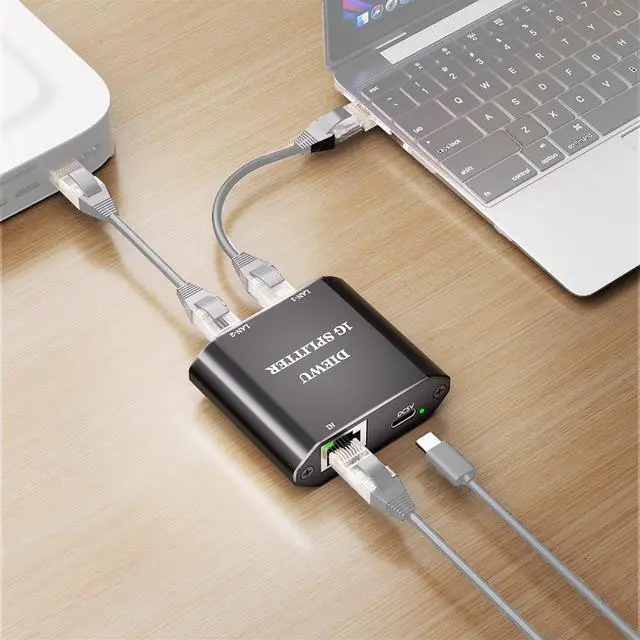 Alt view image 2 of 7 - JMT 1 to 2 RJ45 Unmanaged Ethernet Switch 3-Ports 1000Mbps USB-C Power Supply Compatible with MDI/MDIX