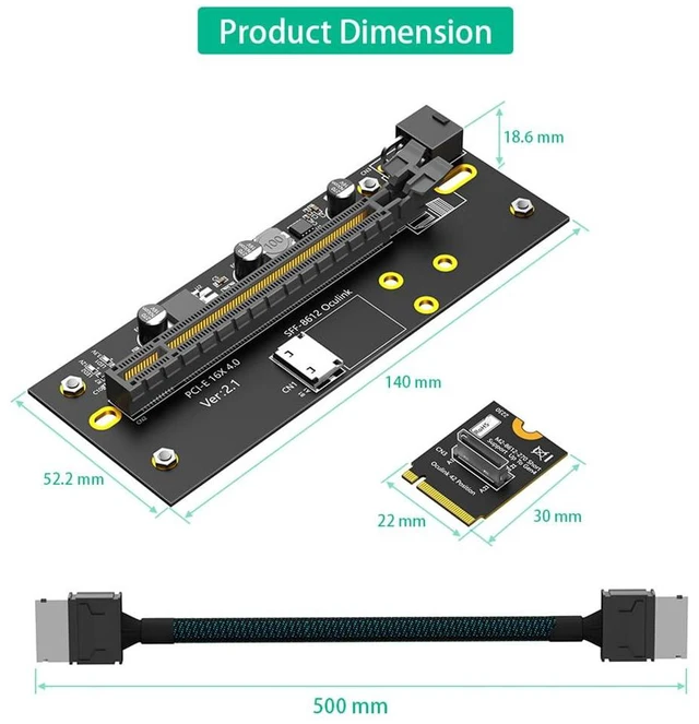 Alt view image 3 of 7 - M.2 M-Key 2230 to PCI-e 4.0 X16 Extension Card 32G/BPS with Oculink SFF-8612 Cable 50cm Compatible with M.2 NVMe 2230 SSD