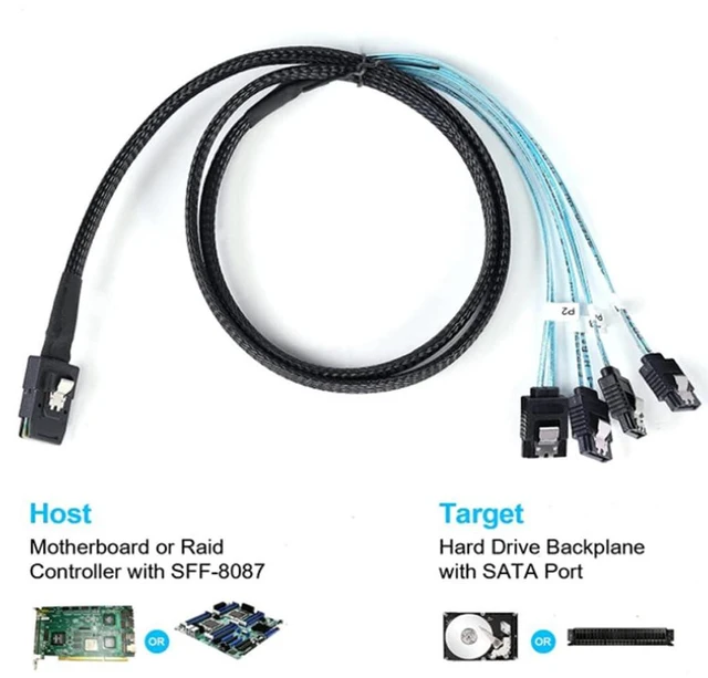 Alt view image 2 of 5 - JMT MINI SAS 8087 Server Cable Male Female High-Speed MINI SAS 8087 to Slim SAS 8654 4I/4X SATA 7P Adapter (to 4X SATA 7P Female,100cm)