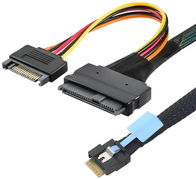Alt view image 3 of 6 - Slimline PCIe SFF-8654 4i (38Pin) to SAS U.2 SFF8639 Adapter Cable with SATA 15Pin Power AntiMismating Design (80CM)