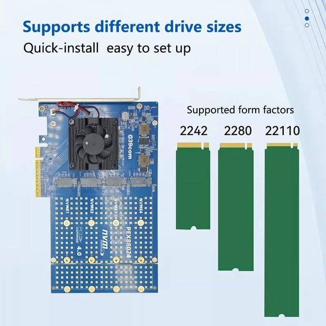 Alt view image 2 of 7 - PCIe4.0 X8 to 4-Bay M.2 MKey B+MKey SSD Expansion Card 16GT/S Compatible with M.2 NVMe 2242 2280 22110 SSD