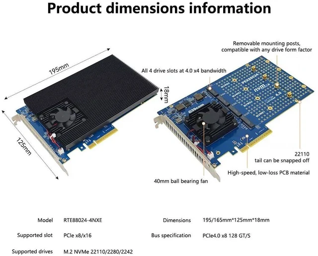 Alt view image 4 of 7 - PCIe4.0 X8 to 4-Bay M.2 MKey B+MKey SSD Expansion Card 16GT/S Compatible with M.2 NVMe 2242 2280 22110 SSD
