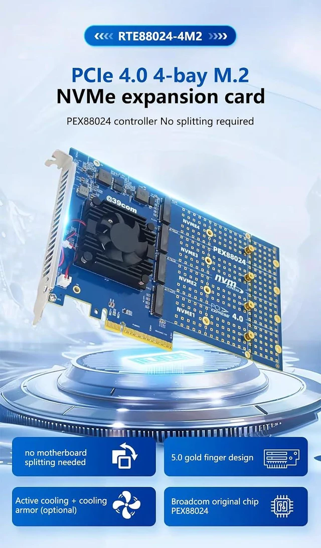 Alt view image 6 of 7 - PCIe4.0 X8 to 4-Bay M.2 MKey B+MKey SSD Expansion Card 16GT/S Compatible with M.2 NVMe 2242 2280 22110 SSD
