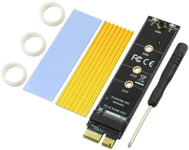 Main image of JMT PCI-E PCI Express 3.0 X1 to M.2 M Key Interface NVMe SSD PCIE M.2 Riser Card Adapter Heatsink SSD 2230 2242 2260 2280 Full Speed (with Gold Heatsink)