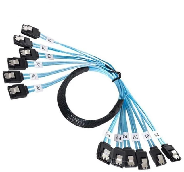 Alt view image 2 of 6 - JMT MINI-SAS SAS4.0 6*SATA to 6*SATA Extension Cable 7p Female for Server Computer Host SATA Hard Disk (180°,100cm)