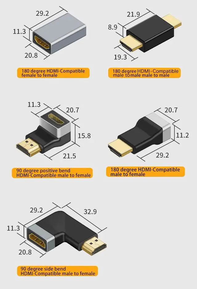 Alt view image 7 of 7 - JMT HD Adapter 4K/8K Compatible with HDMI 2Pack Female Male to Female Fully Shielded HD Connector (Cubic Bend M to F 4K)