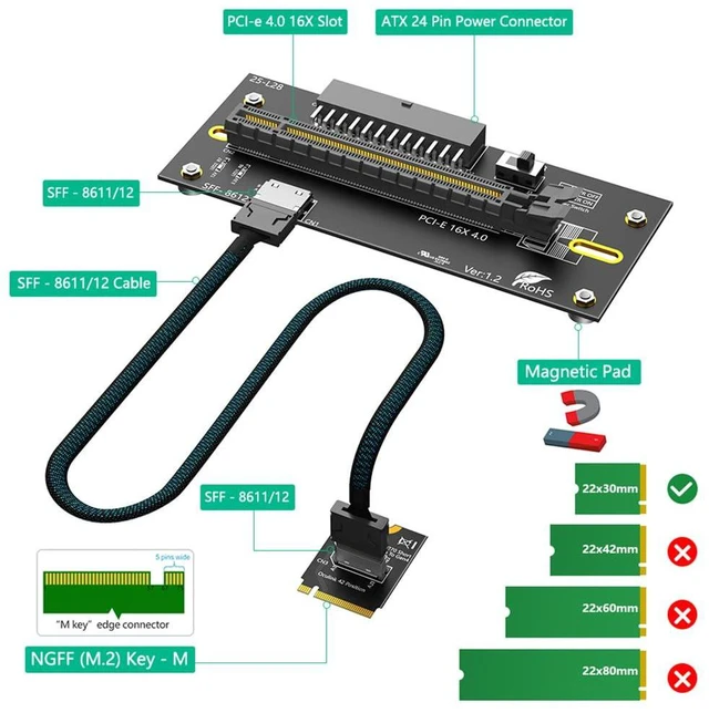Alt view image 2 of 7 - PCI-E 4.0 16X to M.2 Mkey Extension Card 32Gbps with Oculink SFF-8612 Extension Cable Compatible with M.2 NVMe SSD External Graphics Card (24PIN with 2230 Card)
